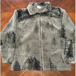 Ocean Coast Fleece Jacket Pine Tree Forest Print Full Zip‎ Gray Men's L |Q1